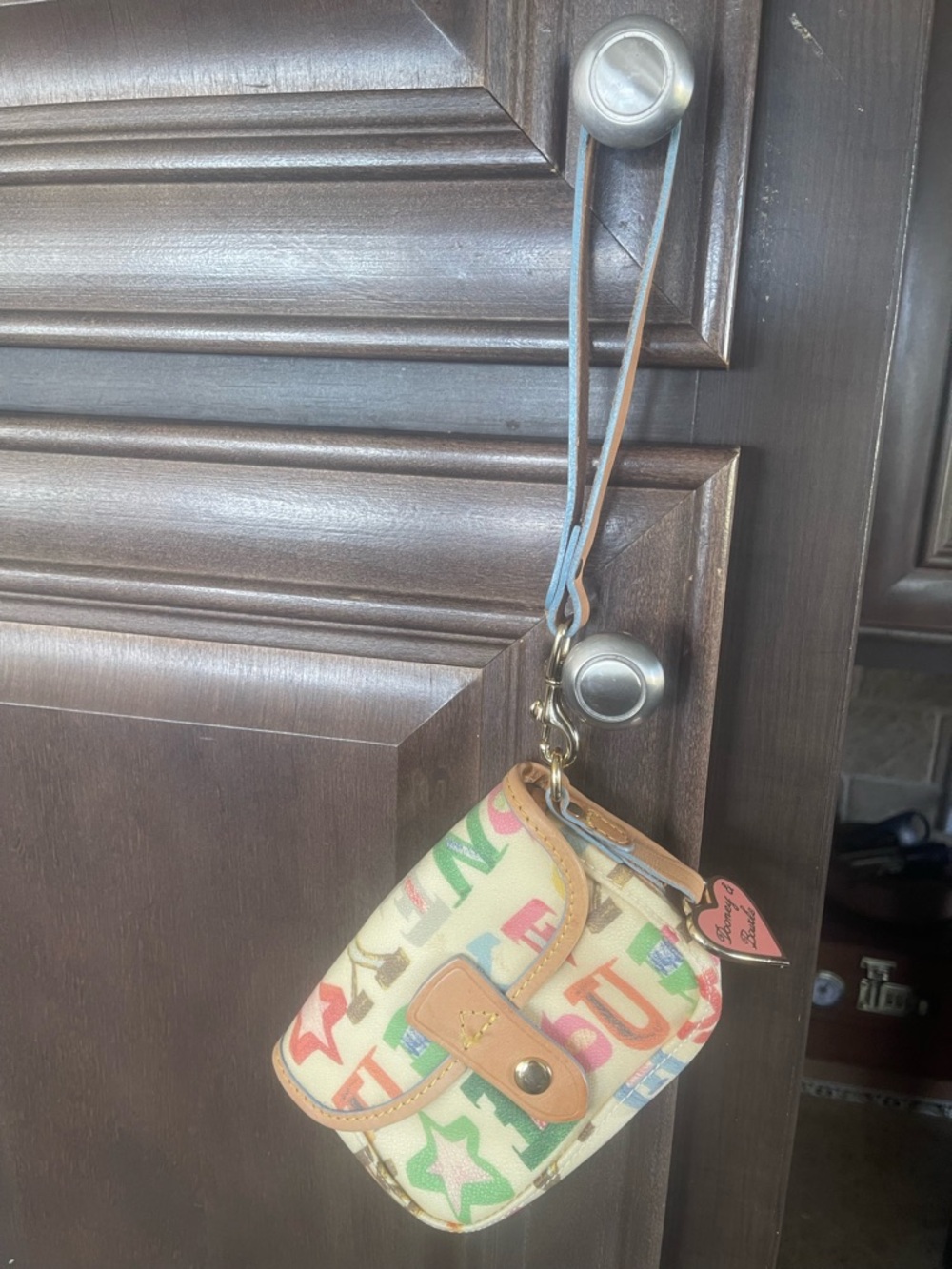Dooney & Bourke Multicolor Letter Print Mini Wristlet - Cream with Tan Trim